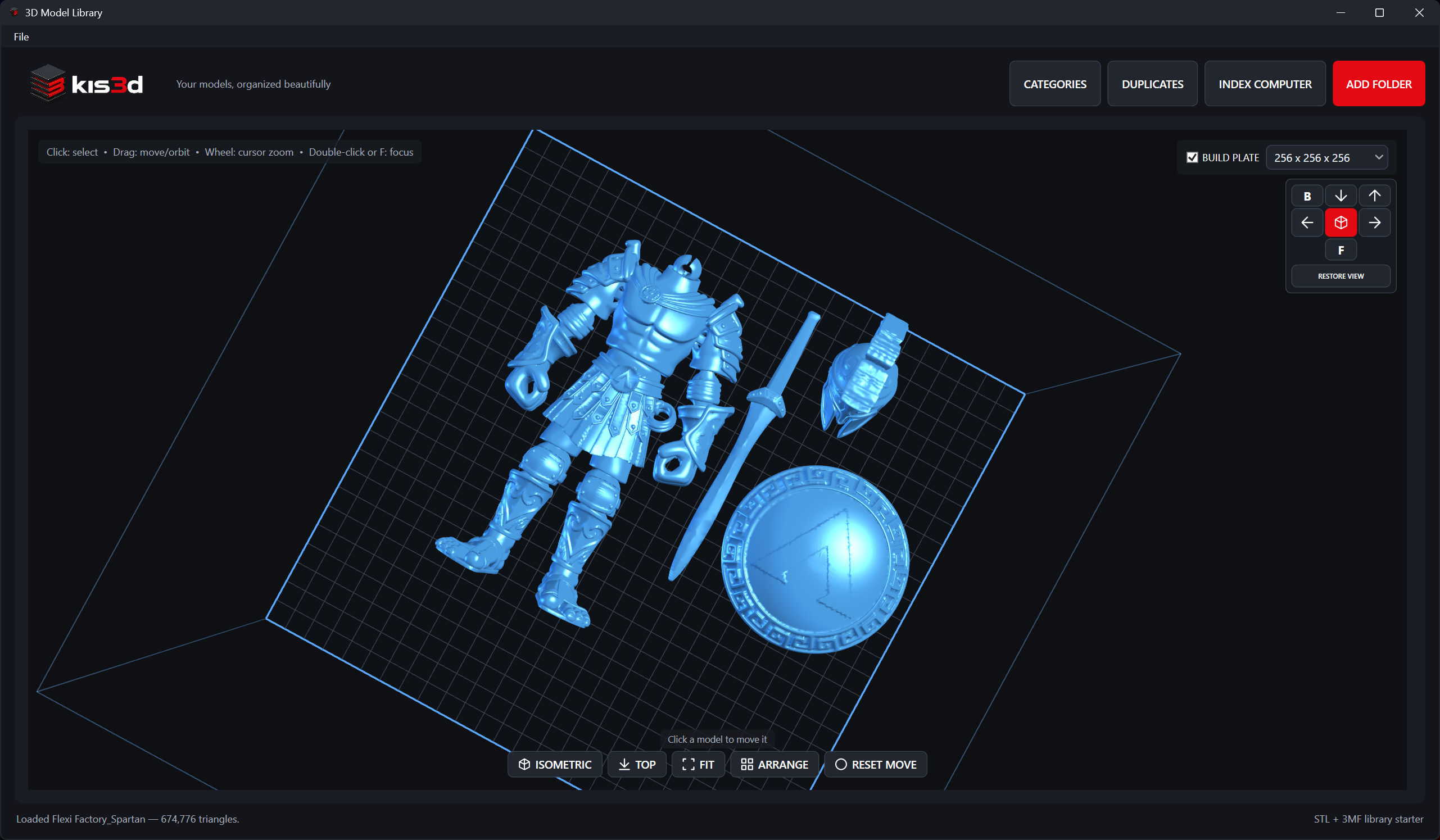 Expanded Kis3d application preview showing the separate parts of a Spartan model arranged on a 3D build plate