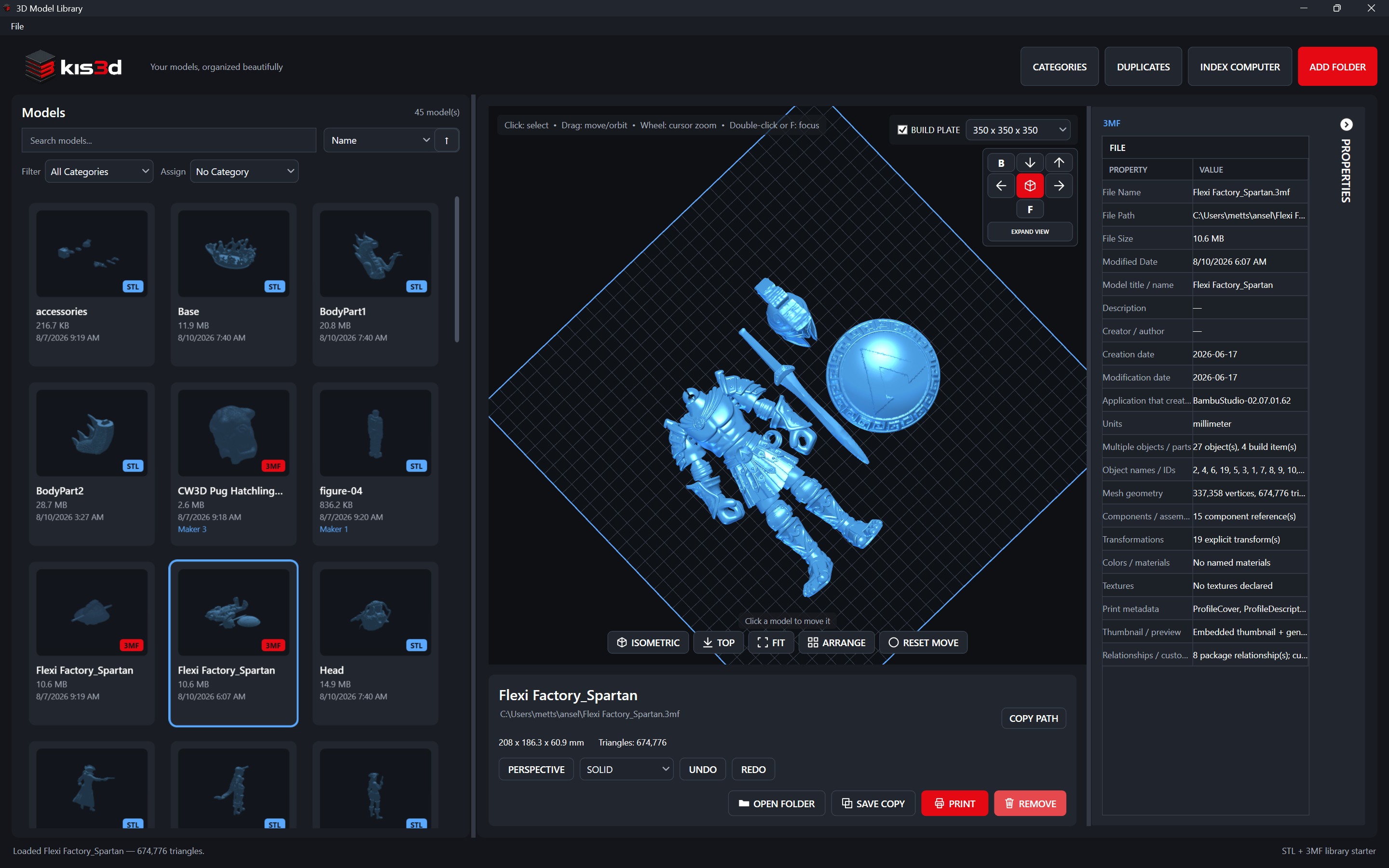 Kis3d desktop application showing a model gallery, a multi-part Spartan model on the 3D build plate, and detailed 3MF properties