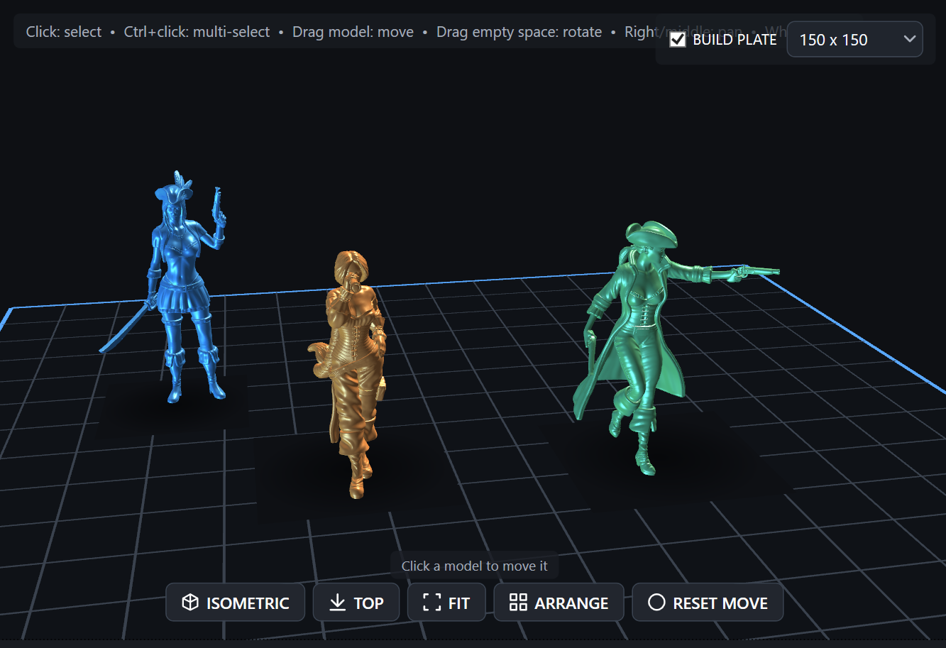 Three models arranged side by side on a build plate in the Kis3d preview
